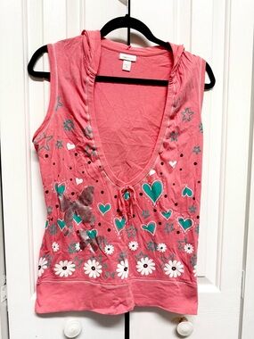 Limited Too Pink Sleeveless Hoodie Tank with Teal Heart Accents